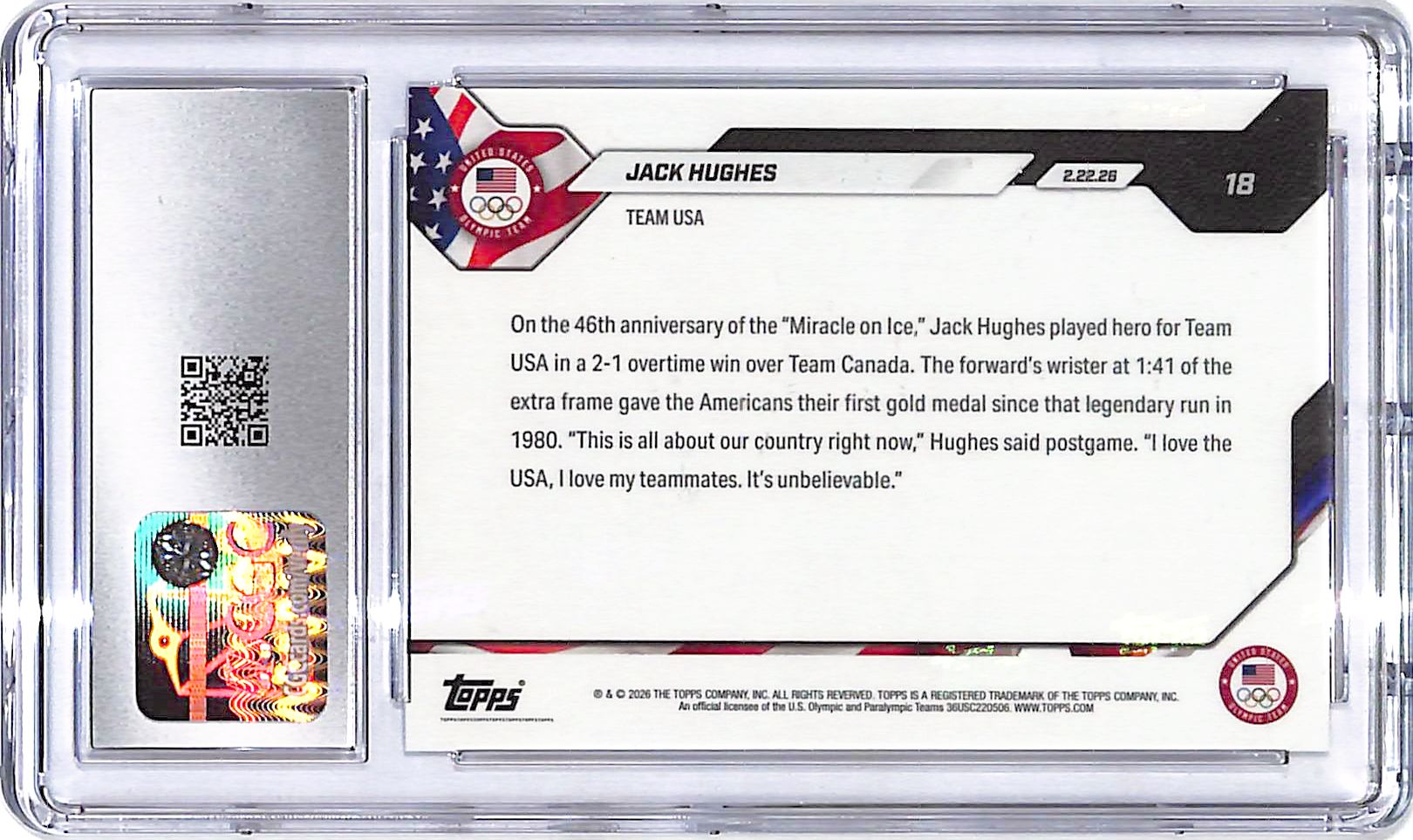 2026 Topps Now Olympics Jack Hughes #18 CGC 9 USA