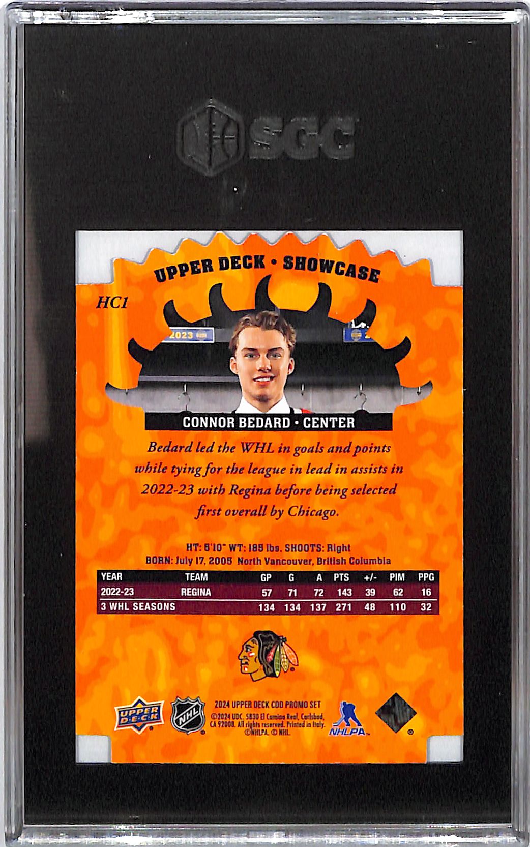 2024 Upper Deck CDD Connor Bedard Hot Commodities Rookie RC SGC 9 Backhawks