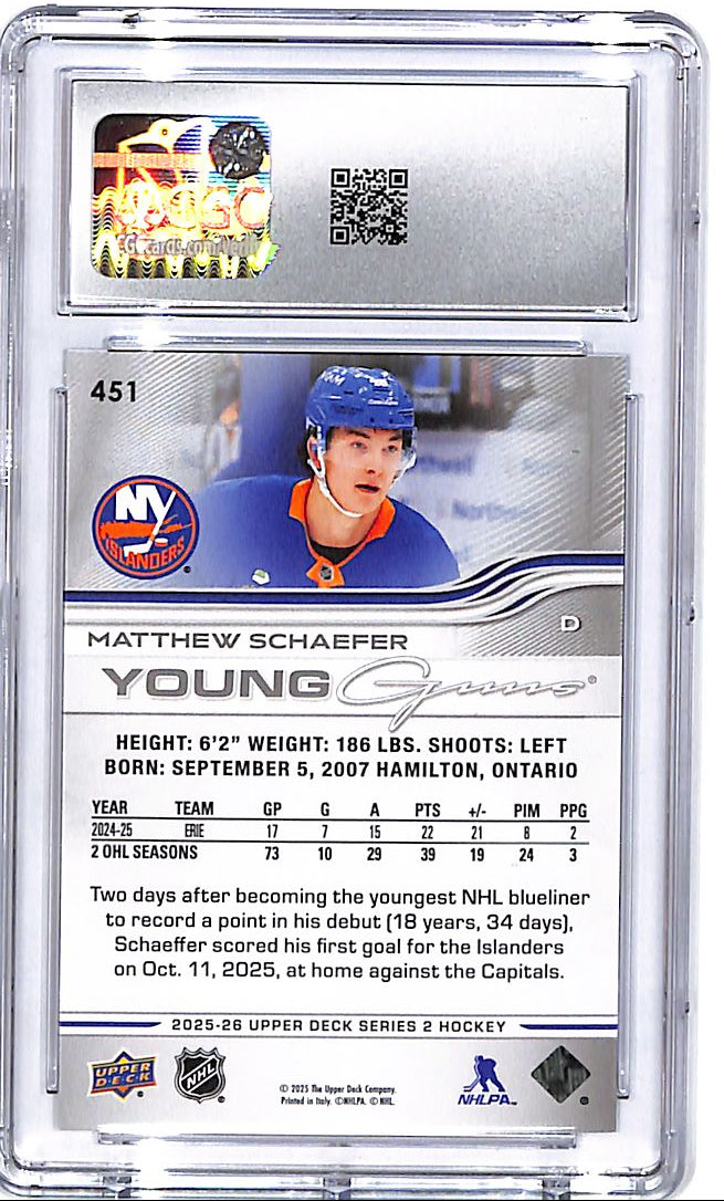 2025-26 Upper Deck Matthew Schaefer Young Guns Rookie RC #451 CGC 10 Islanders