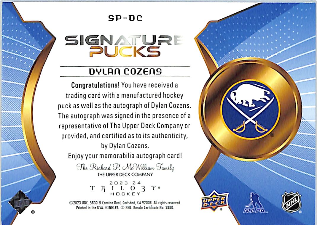 2022-23 Upper Deck Trilogy Dylan Cozens Signature Pucks Auto Autograph Sabres