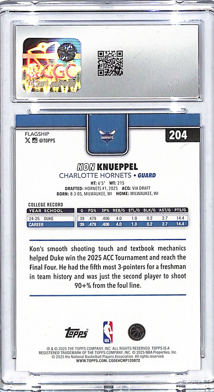 2025-26 Topps Kon Knueppel Rookie RC #204 CGC 9.5 Hornets