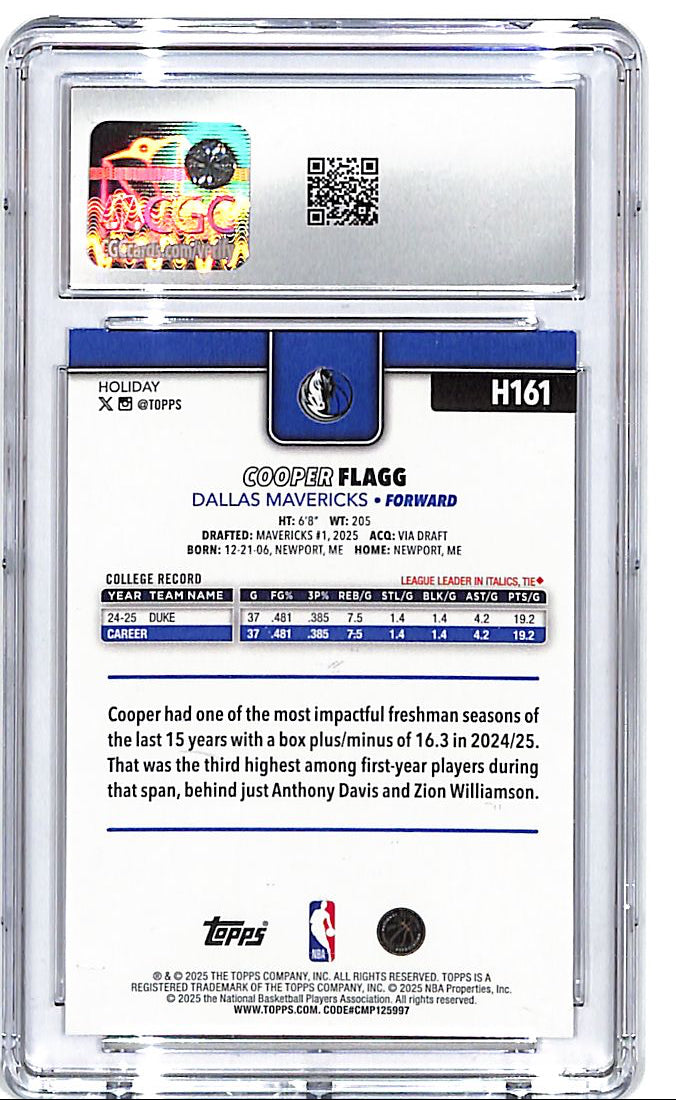 2025-26 Topps Holiday Cooper Flagg Rookie RC CGC 9.5 Mavericks