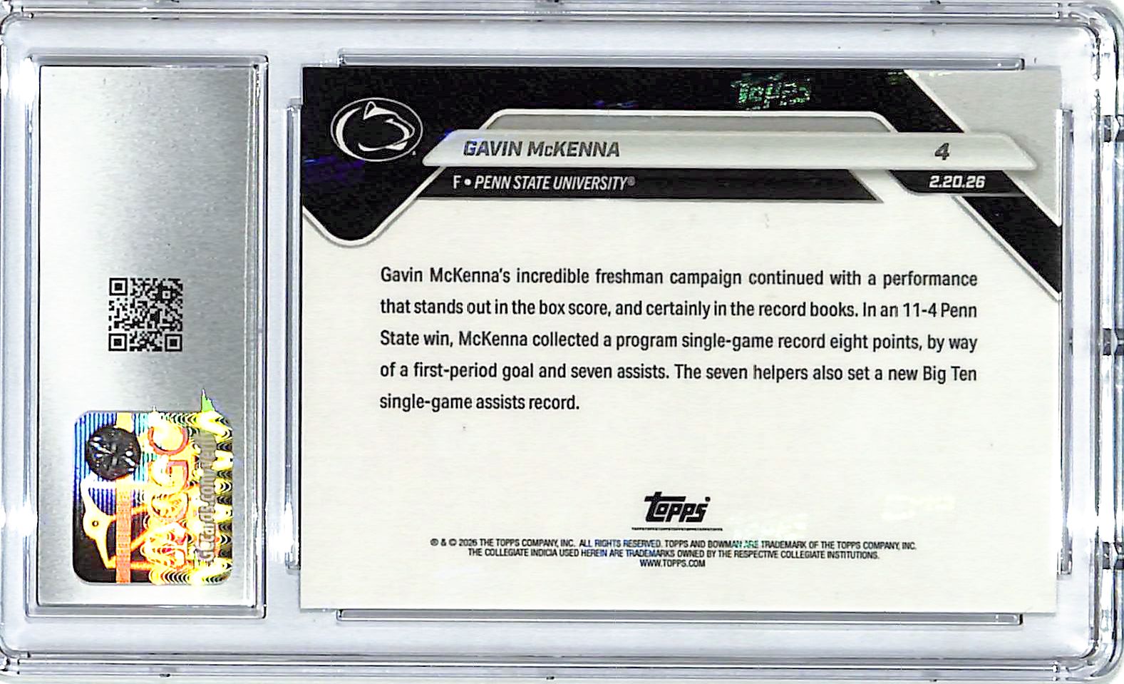 2025-26 Bowman University U Now Gavin McKenna Rookie RC CGC 10 #4 Penn State