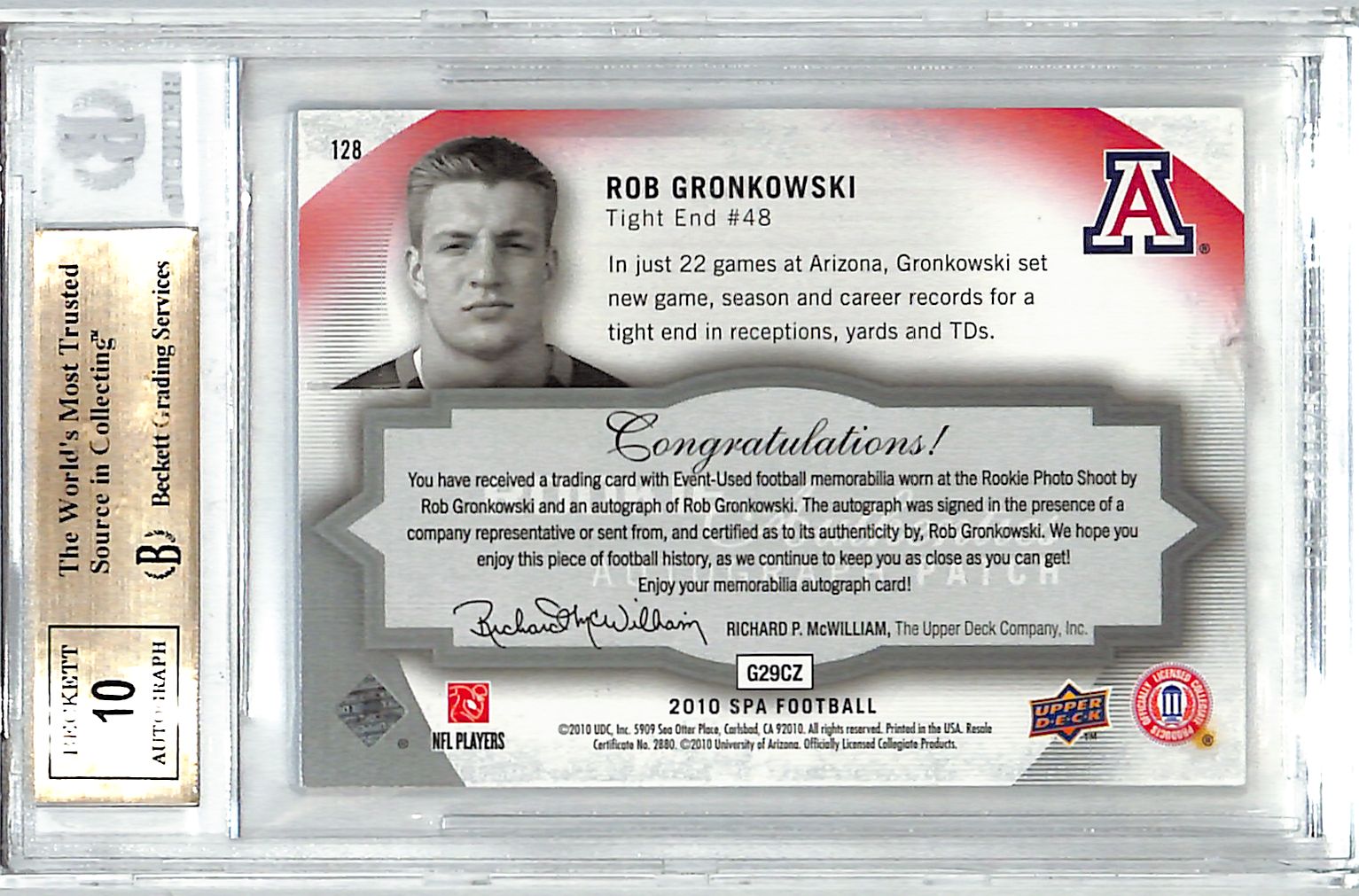 2010 SP Authentic Rob Gronkowski Auto Autograph Rookie RC Jersey Patch BGS 9.5 /499