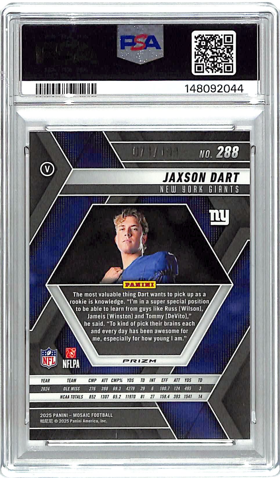2025 Mosaic Jaxson Dart Rookie RC Orange /199 PSA 10 Giants