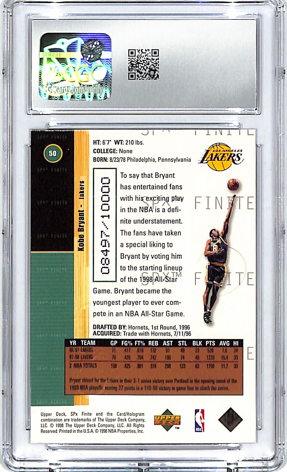 1998-99 SPx Finite Kobe Bryant #50 CGC 9 Mint /10000 Lakers