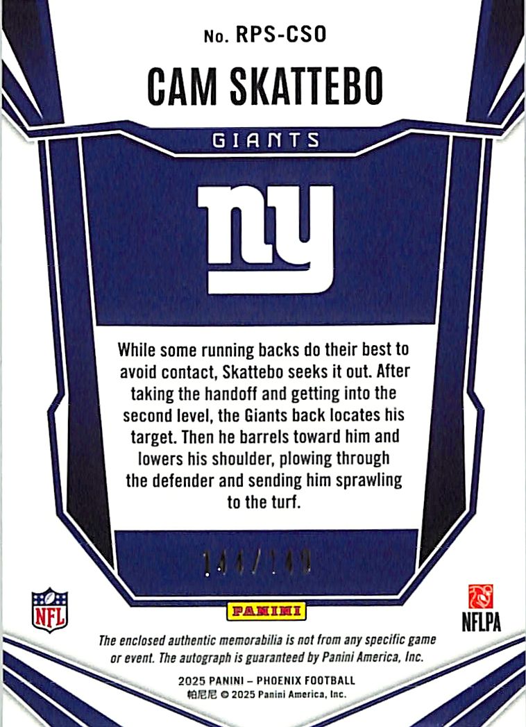 2025 Phoenix Cam Skattebo Auto Autograph Rookie RC Patch Jersey RPA /149 Giants