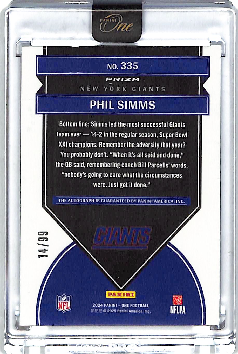 2024 Panini One Phil Simms Auto Autograph Once in a Franchise /99 Giants