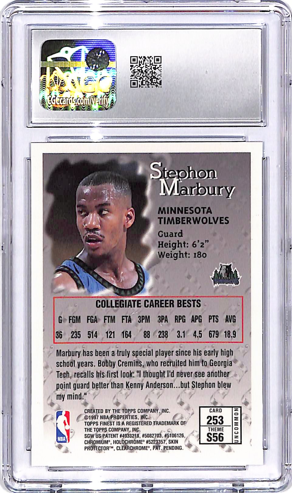1996-97 Topps Finest Stephon Marbury Rookie RC Sterling #253 CGC 9.5