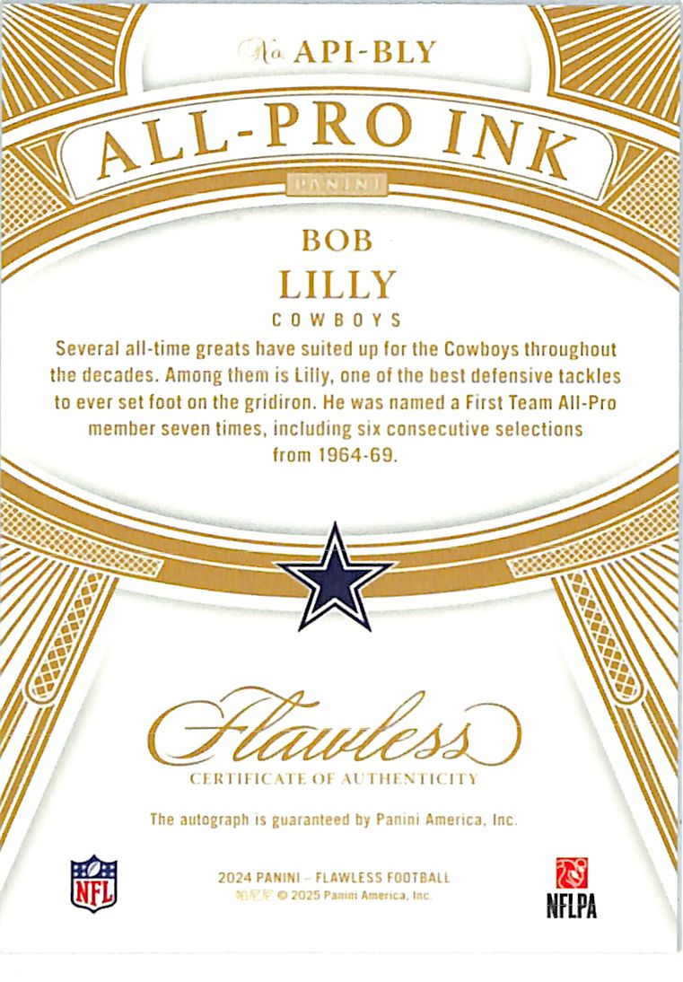 2024 Flawless Football Bob Lilly Auto Autograph All Pro Ink /25 Cowboys