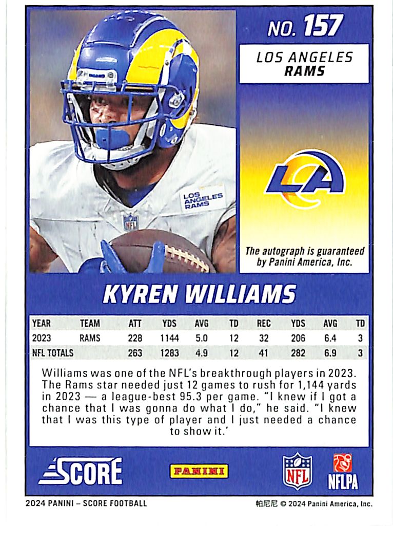2024 Score Kyren Williams Auto Autograph Rams
