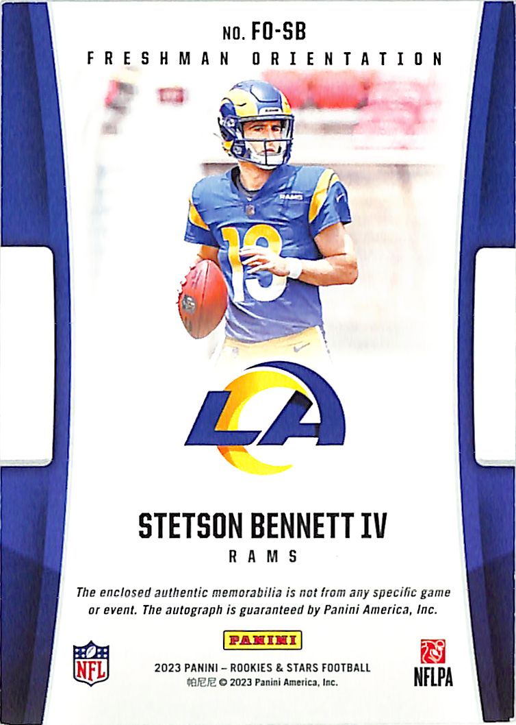 2023 Rookies and Stars Stetson Bennett Auto Autograph Rookie RC Patch Jersey /25 Rams