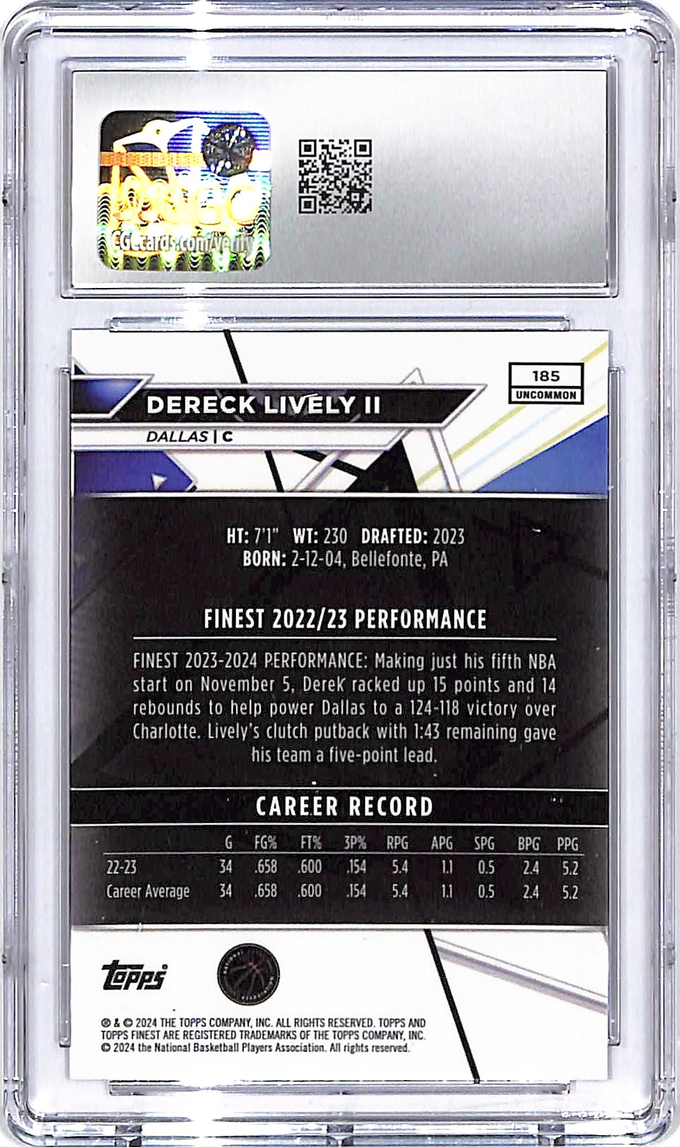 2023-24 Topps Finest Dereck Lively Checkerboard Refractor Rookie RC CGC 10
