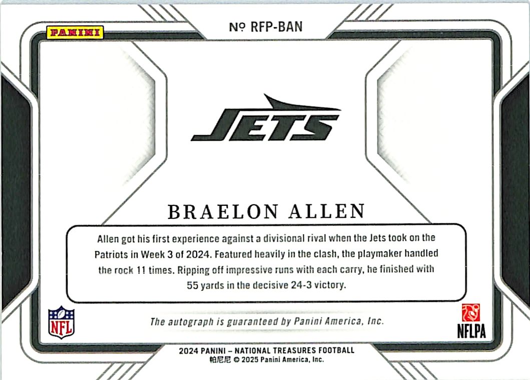 2024 National Treasures Braelon Allen Auto Autograph Rookie RC /99 Jets