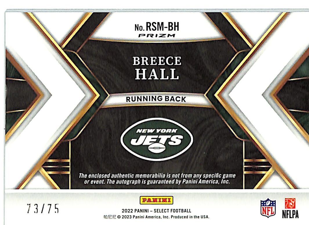 2022 Select Breece Hall Auto Autograph Rookie RC Patch Jersey RPA Blue /75 Jets