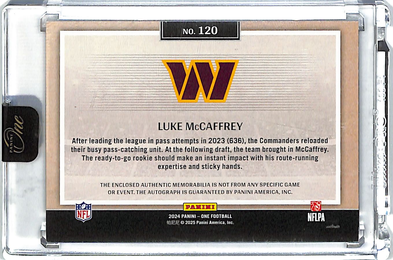 2024 Panini One Luke McCaffrey Auto Autograph Rookie RC Patch Jersey /99 RPA Commanders
