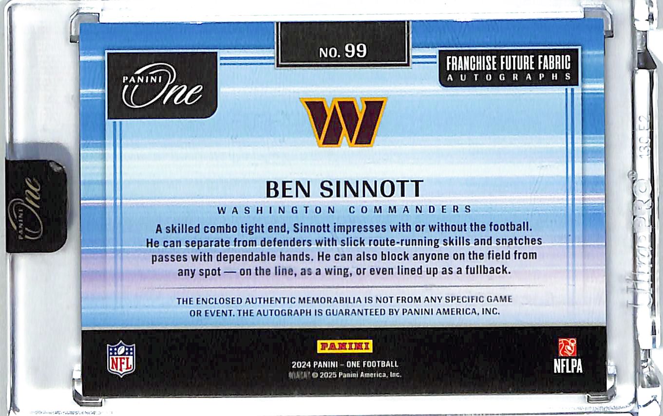 2024 Panini One Ben Sinnott Auto Autograph Rookie RC Patch Jersey /49 RPA Red Commanders