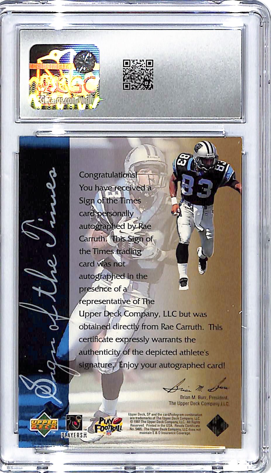 1997 SP Authentic Rae Carruth Sign of the Times Auto Autograph CGC 9.5 Panthers