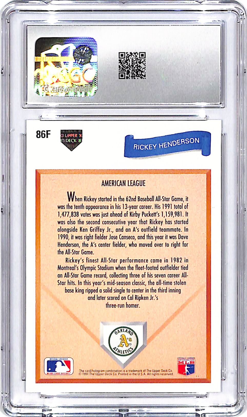 1991 Upper Deck Final Edition Rickey Henderson CGC 10 Athletics