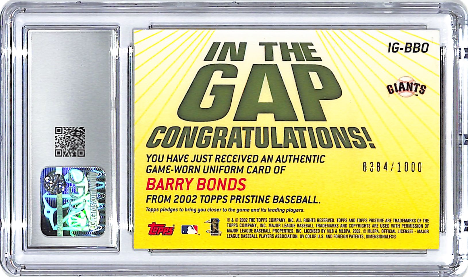2002 Topps Pristine Barry Bonds In The Game Relics Jersey CGC 9.5 Giants