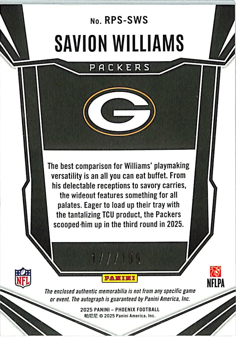 2025 Phoenix Savion Williams Auto Autograph Rookie RC Patch Jersey Bronze /199 Pandora RPA