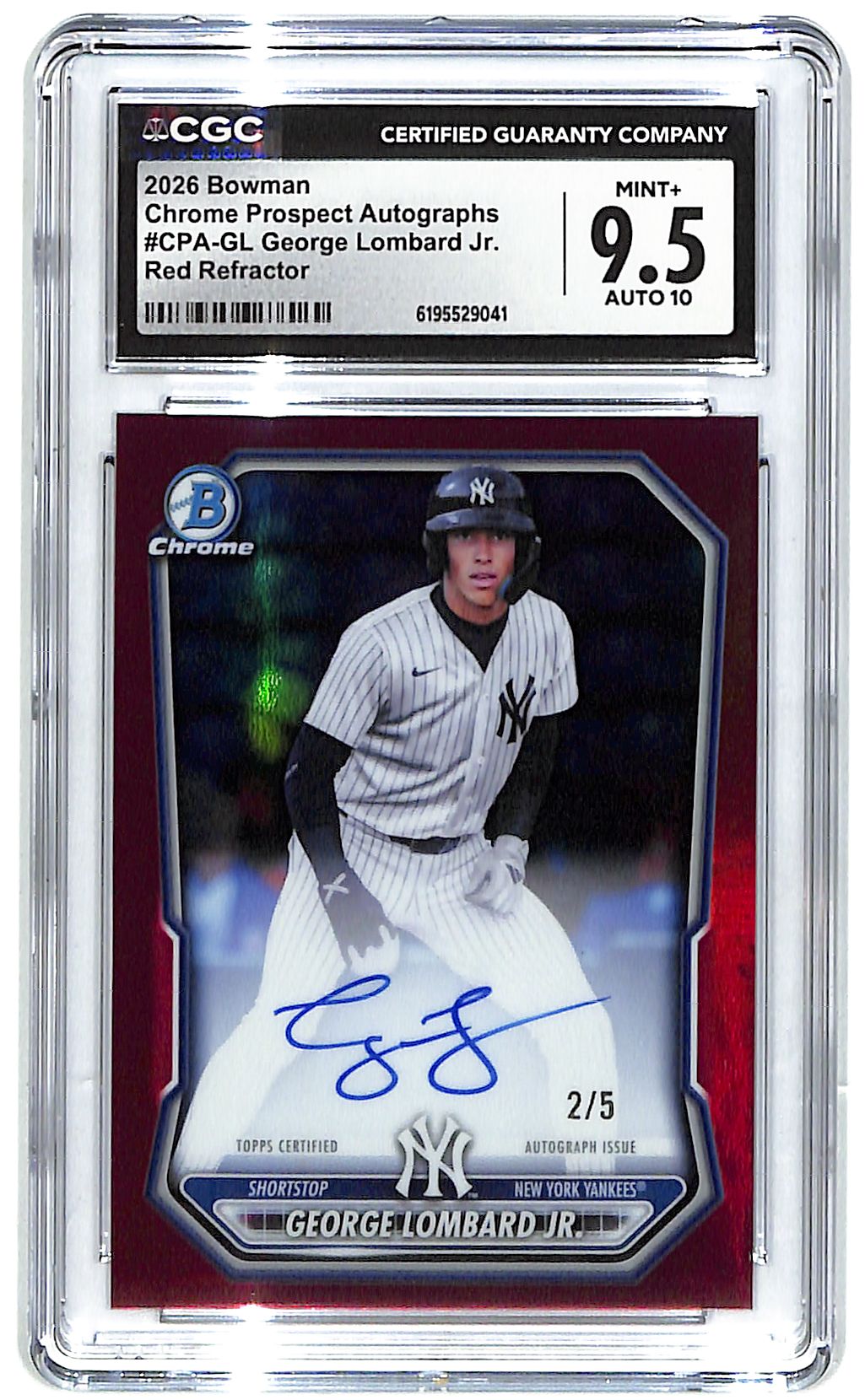 2026 George Lombard Jr. Bowman Chrome Red Auto #2/5 CGC Mint Plus 9.5 Auto 10