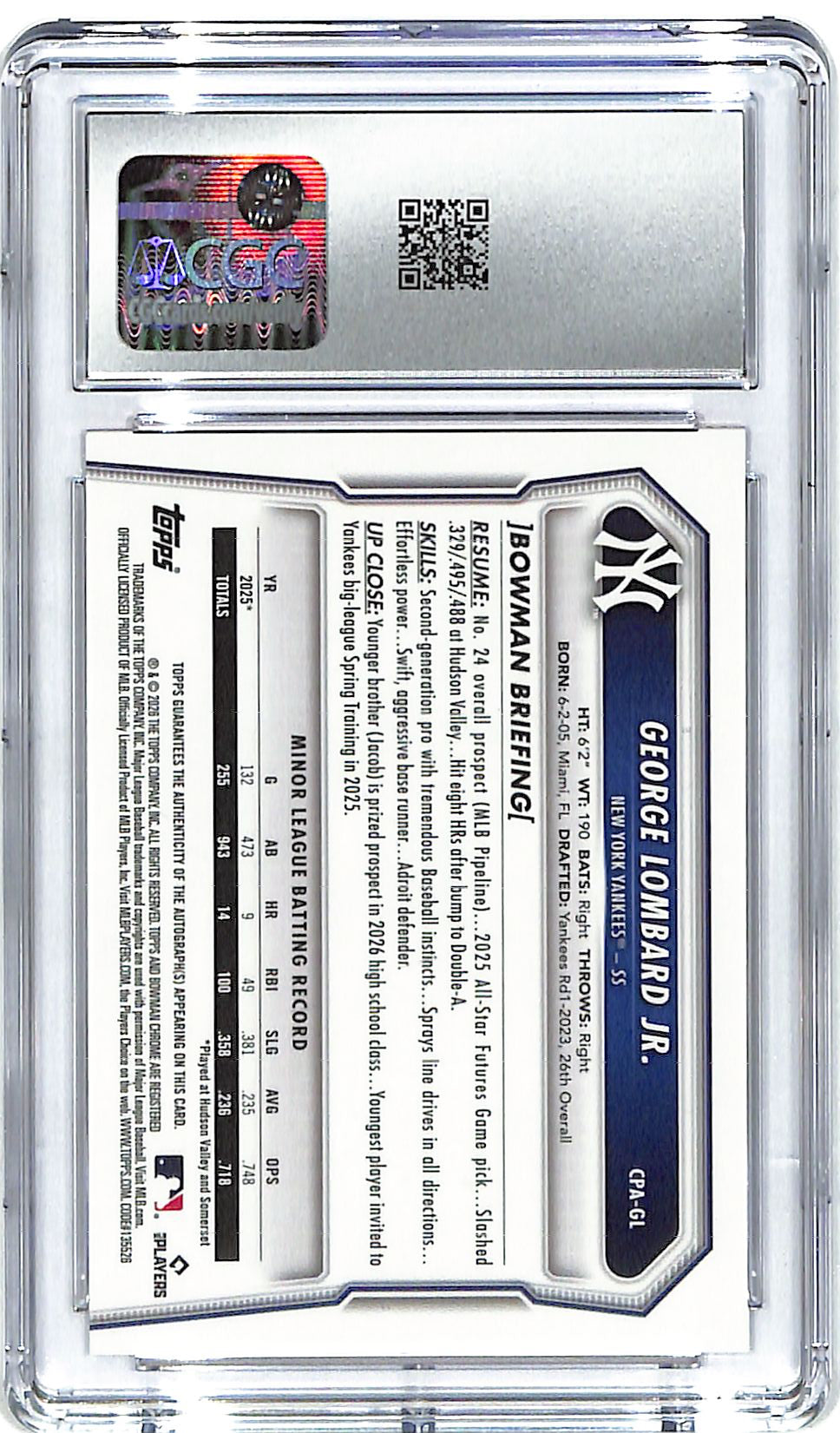 2026 George Lombard Jr. Bowman Chrome Red Auto #2/5 CGC Mint Plus 9.5 Auto 10