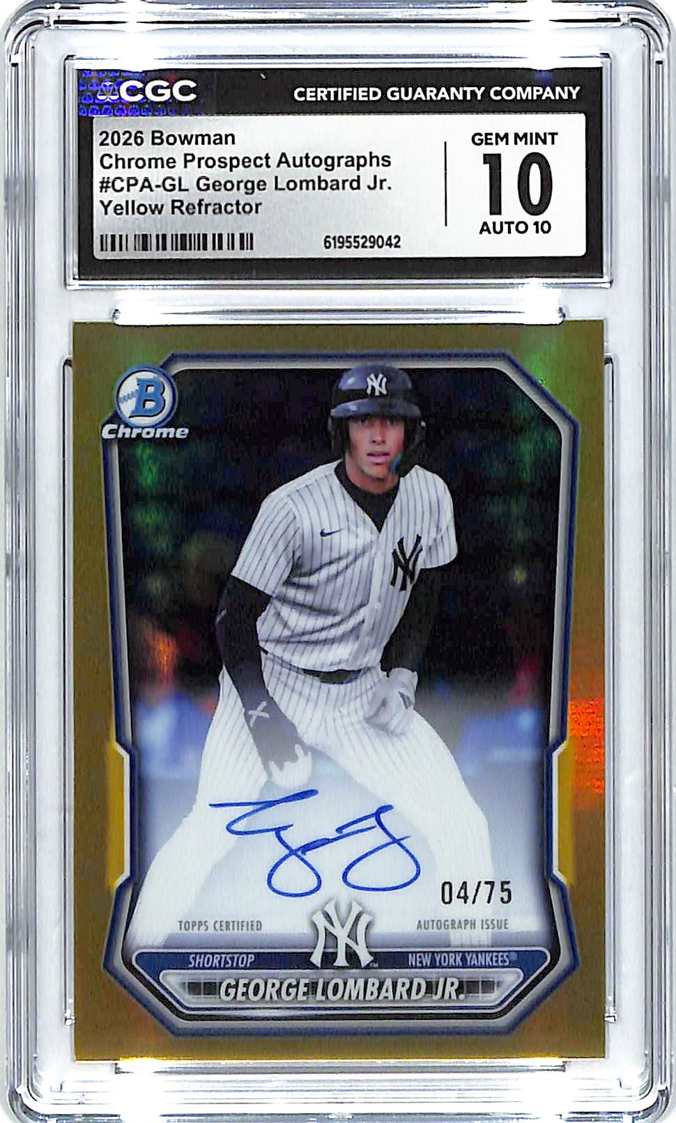 2026 George Lombard Jr. Bowman Chrome Yellow Auto #4/75 CGC Gem Mint 10  Auto 10