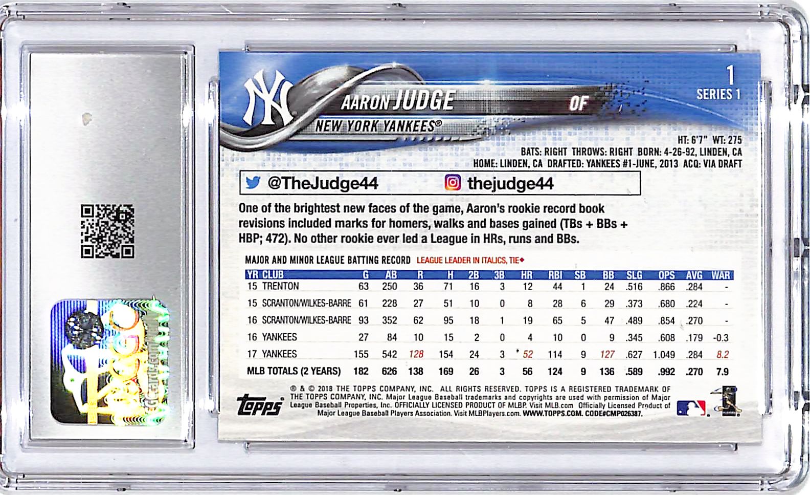 2018 Topps Aaron Judge #1 CGC 10 Yankees