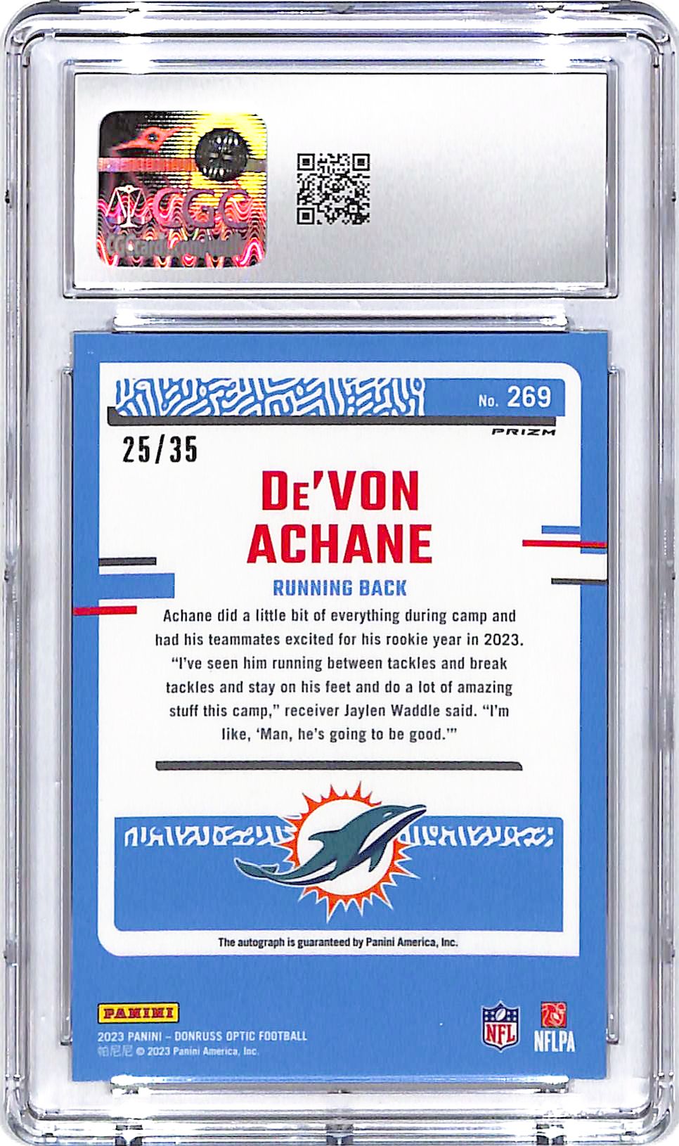2023 Donruss Optic De'Von Achane Rated Rookie RC Auto Autograph Purple CGC 10 /35