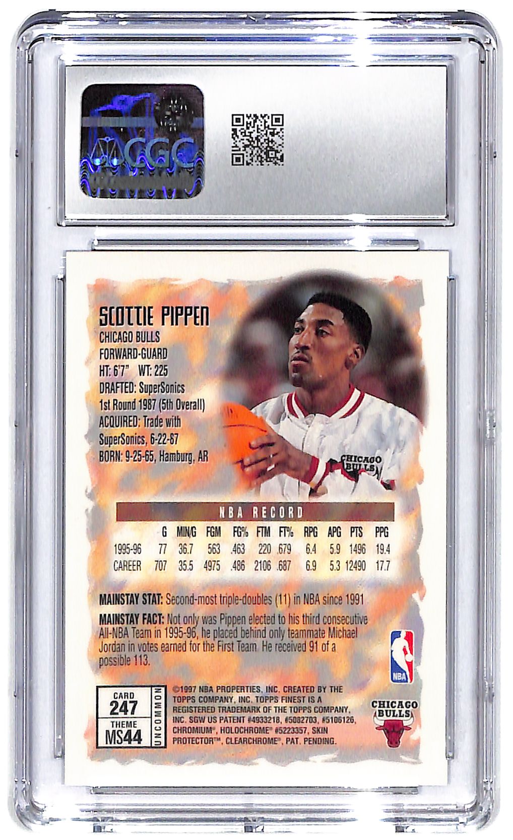 1996-97 Scottie Pippen Topps Finest w/Coating #247 CGC Mint Plus 9.5