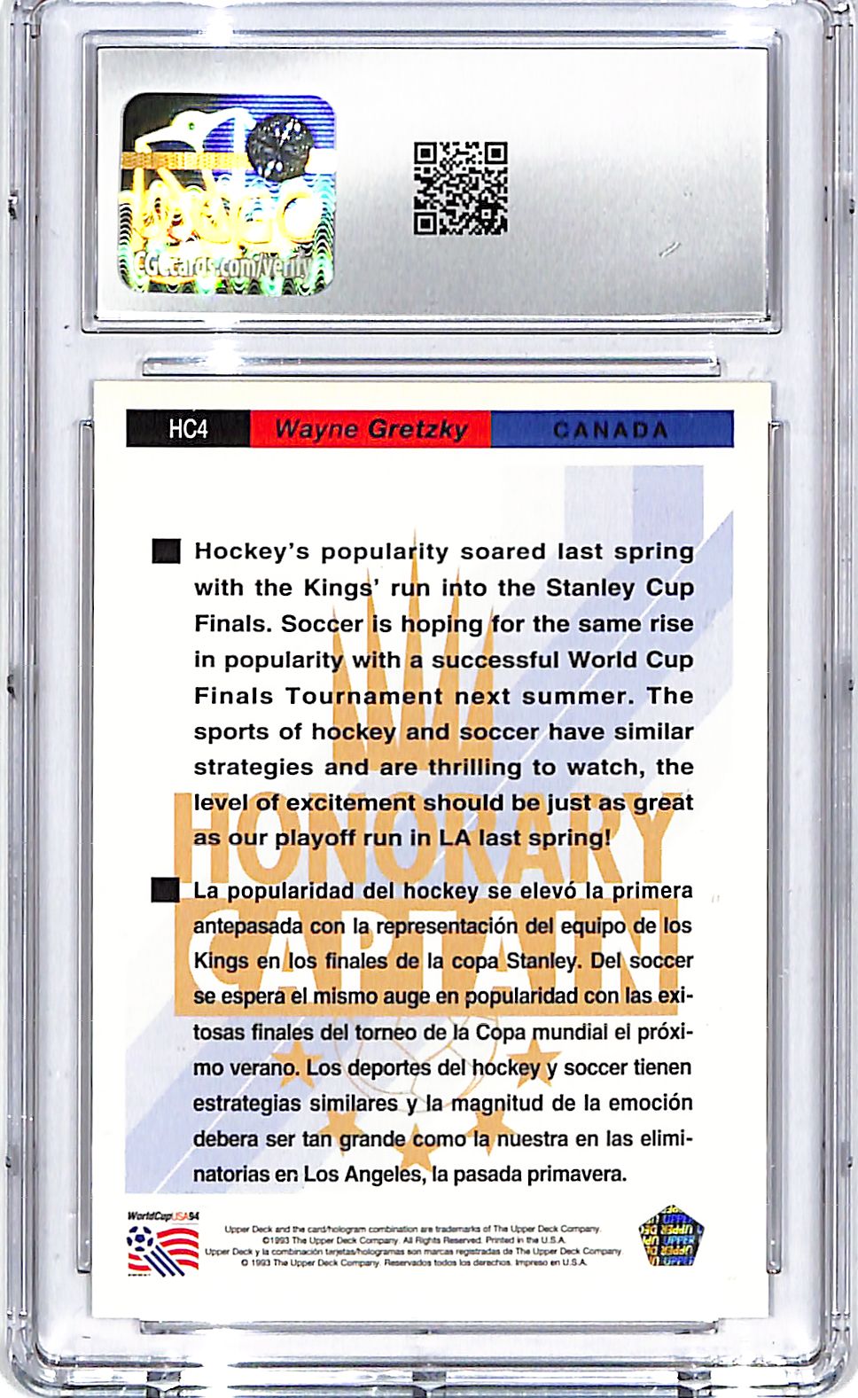 1993 Upper Deck World Cup Preview Wayne Gretzky Honorary Captains CGC 9.5