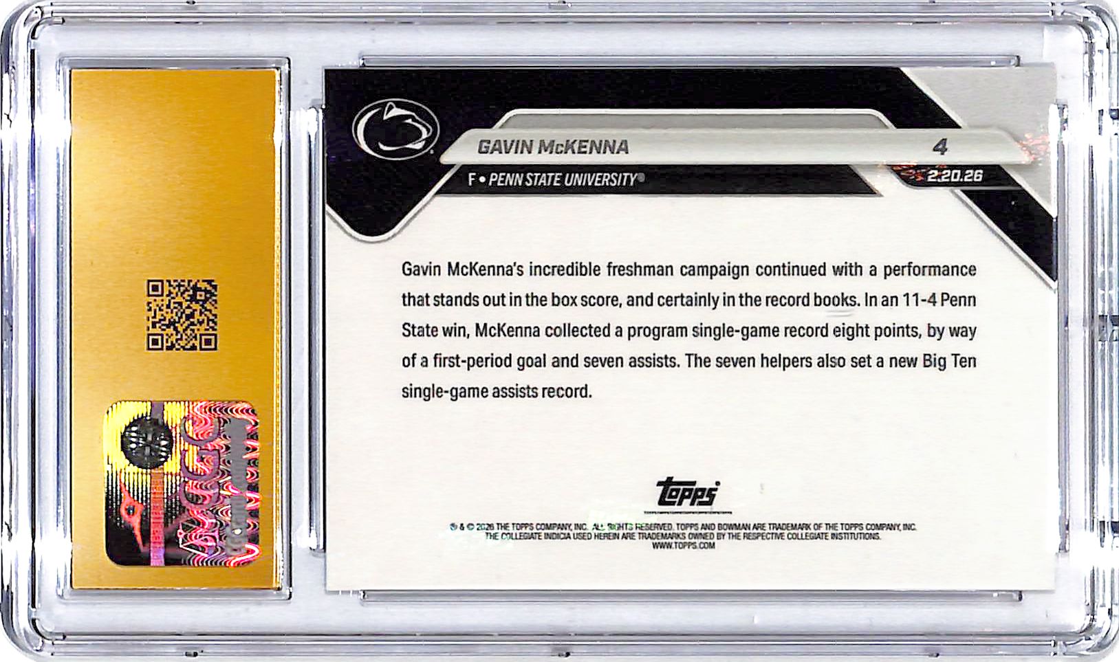 2025-26 Bowman University U Now Gavin McKenna Rookie RC #4 CGC 10 Pristine Penn State