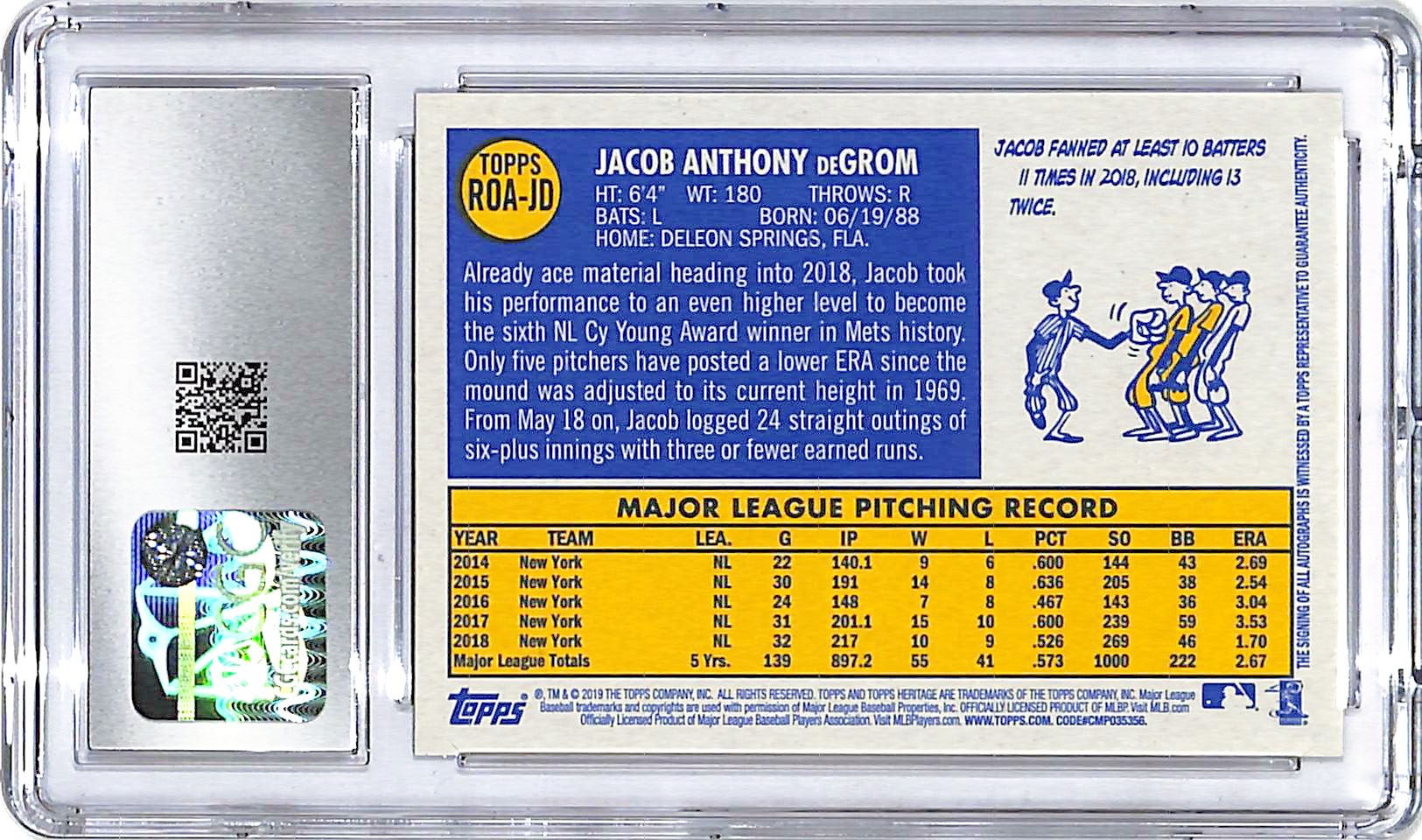 2019 Topps Heritage High Number Jacob DeGram Auto Autograph Red Ink CGC 9.5 /70 Mets