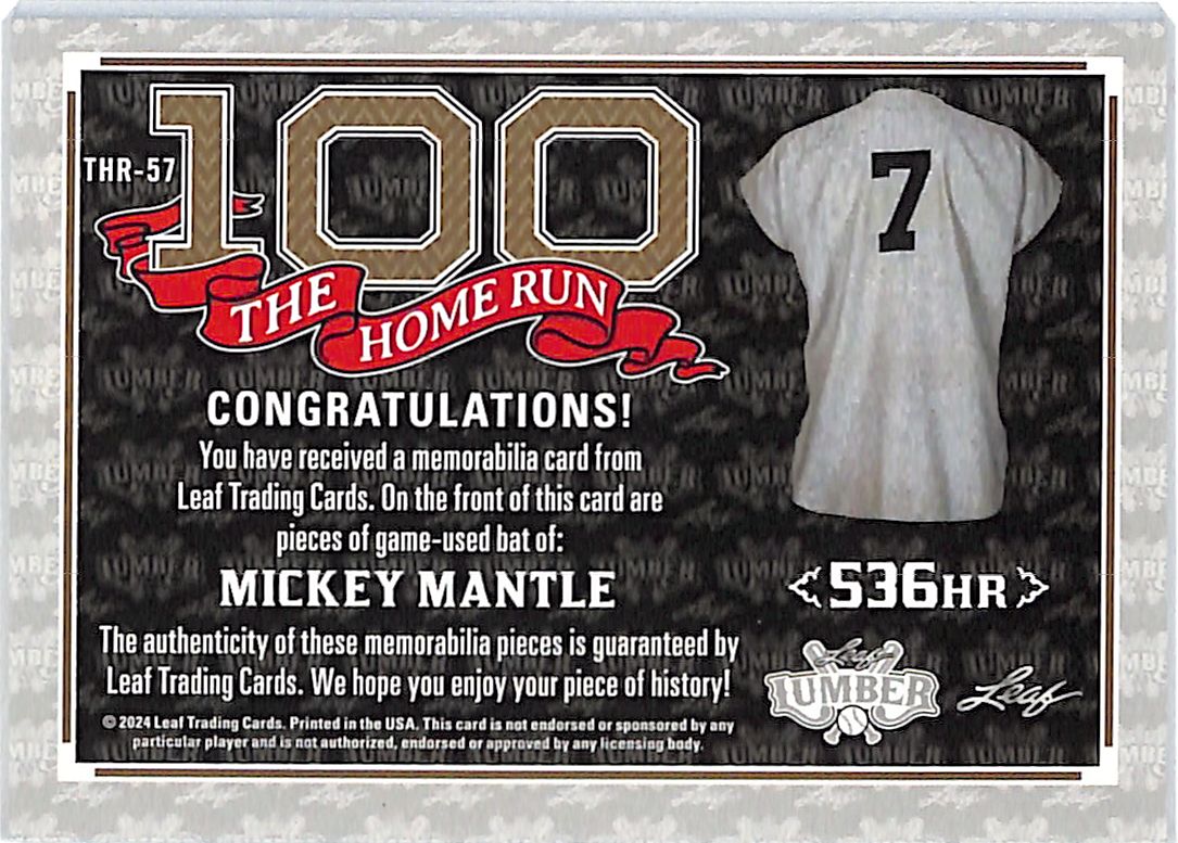 2024 Leaf Lumber Mickey Mantle Bat Relic The Home Run /20 Yankees