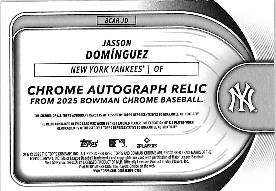 2025 Bowman Chrome Jasson Dominguez Auto Autograph Patch Jersey Orange /25