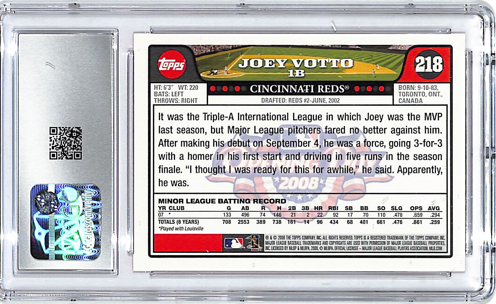 2008 Topps Opening Day Joey Votto Rookie RC #218 CGC 10 Reds