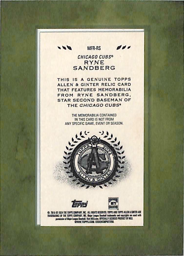 2024 Topps Allen and Ginter Ryne Sandberg Bat Relic Game Used Cubs