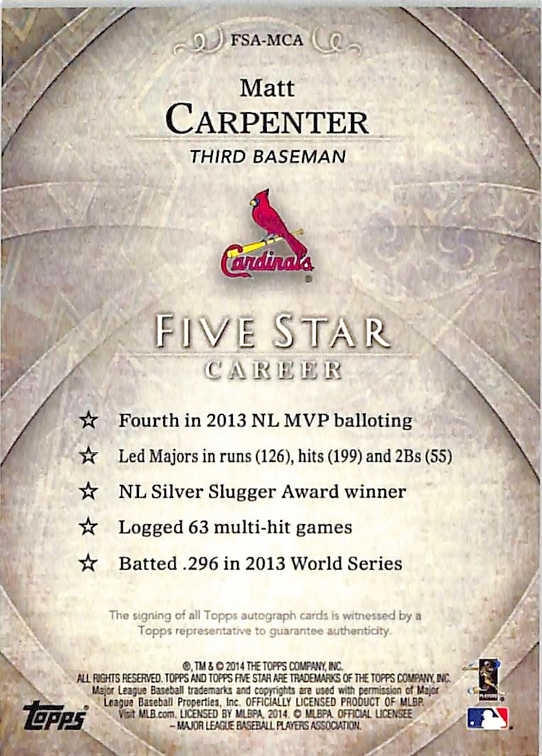 2014 Topps Five Star Matt Carpenter Auto Autograph /499 Cardinals