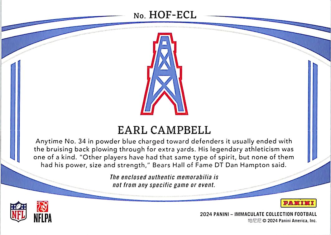 2024 Immaculate Collection Earl Campbell Jersey Patch Gold /10 Hall of Fame Oilers