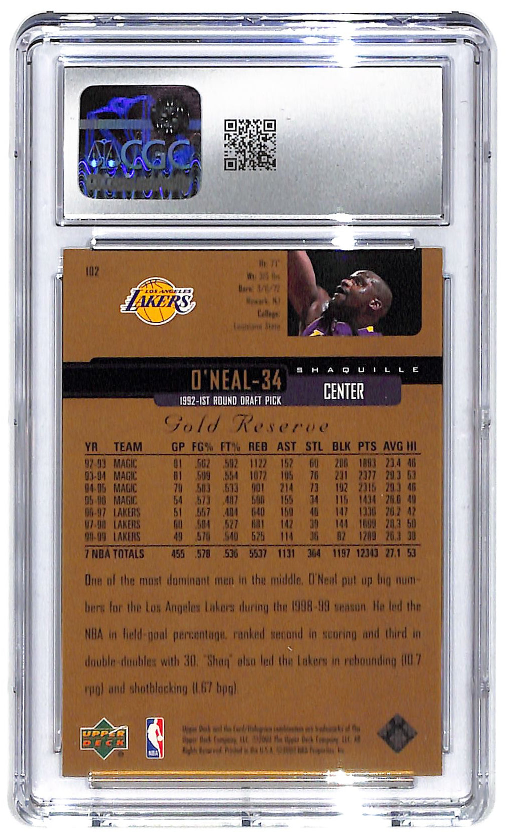 1999-00 Shaquille O'Neal UD Gold Reserve #102 CGC Mint Plus 9.5