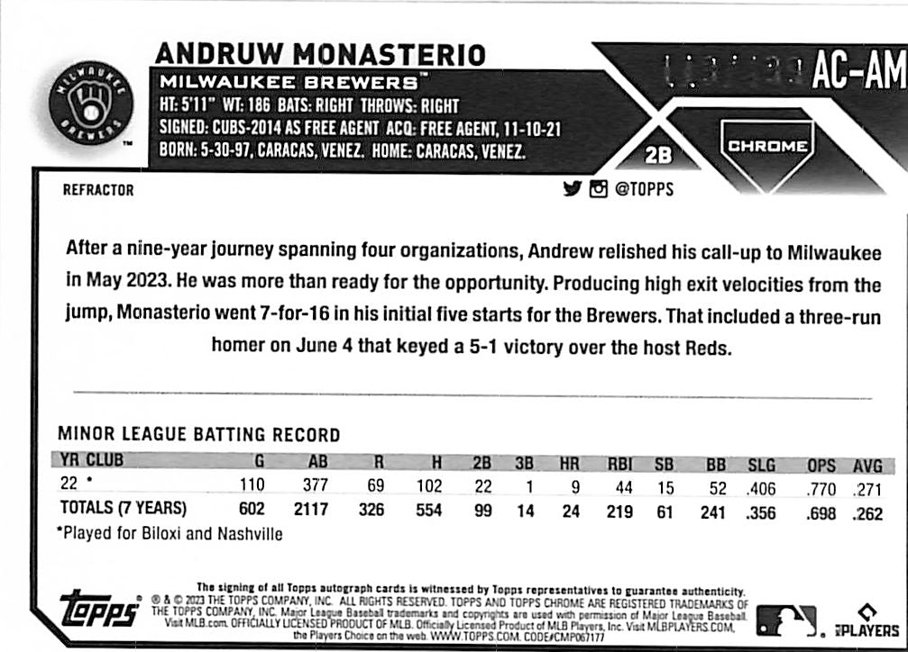 2023 Topps Chrome Andruw Monasterio Auto Autograph Rookie RC Refractor /499 Brewers