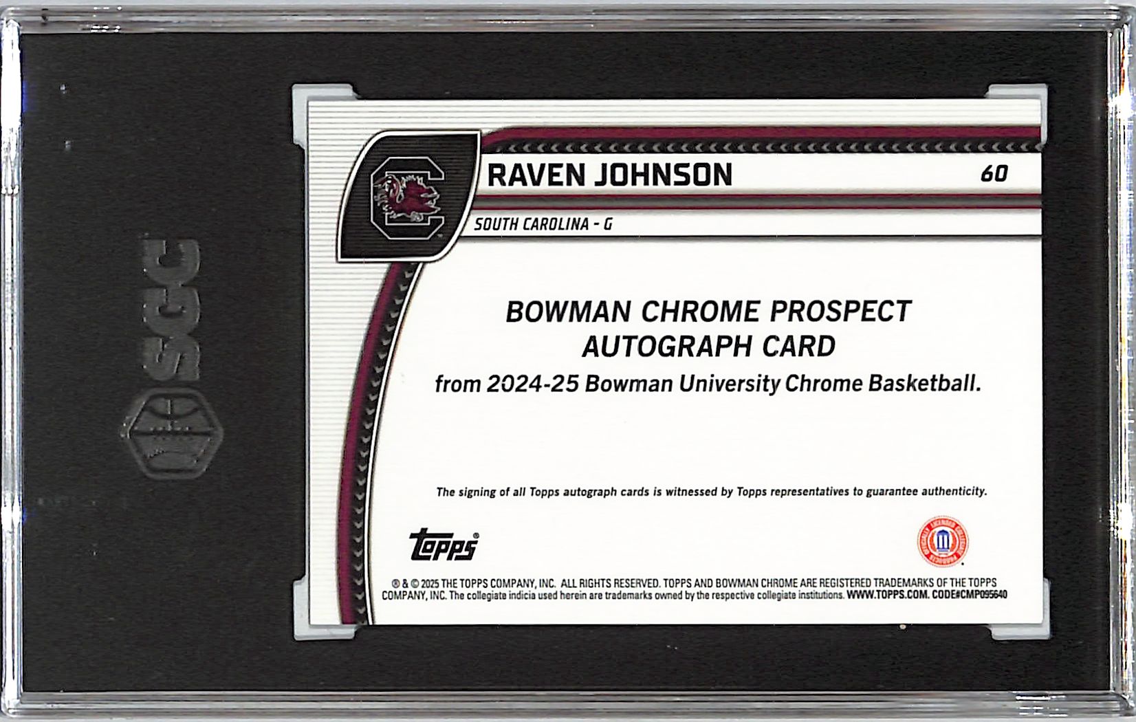 2024-25 Bowman Chrome University Raven Johnson Auto Autograph Rookie Orange Reptilian /25 SGC 9.5
