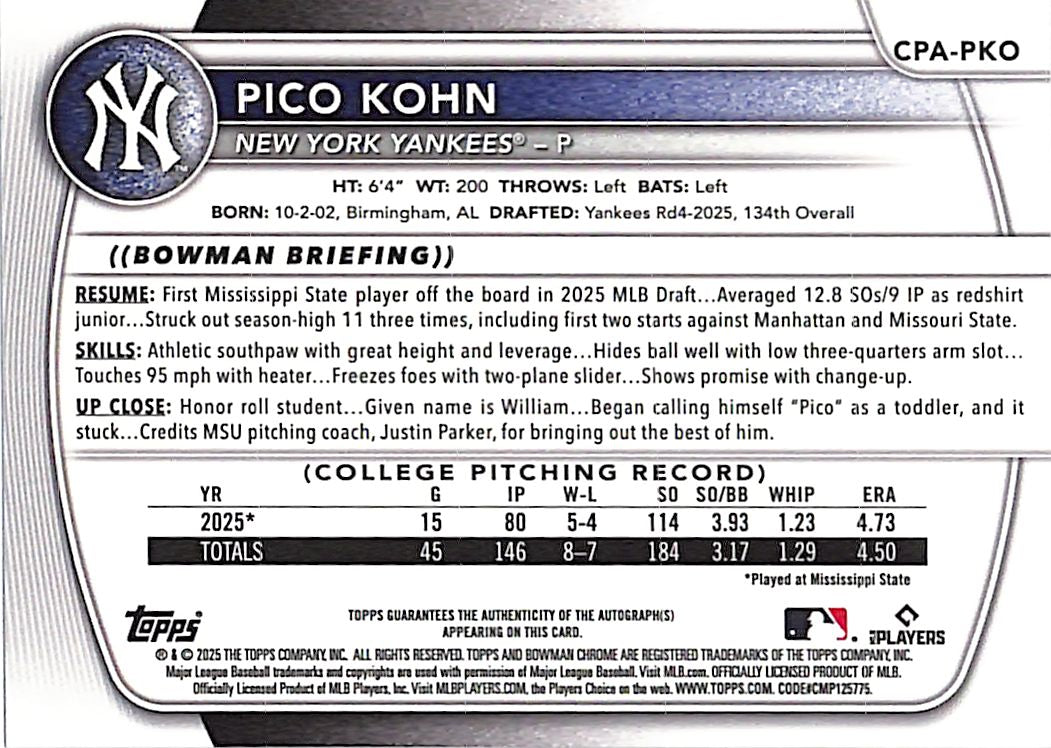 2025 Bowman Chrome Pico Kohn Auto Autograph Rookie RC Prospect Yankees