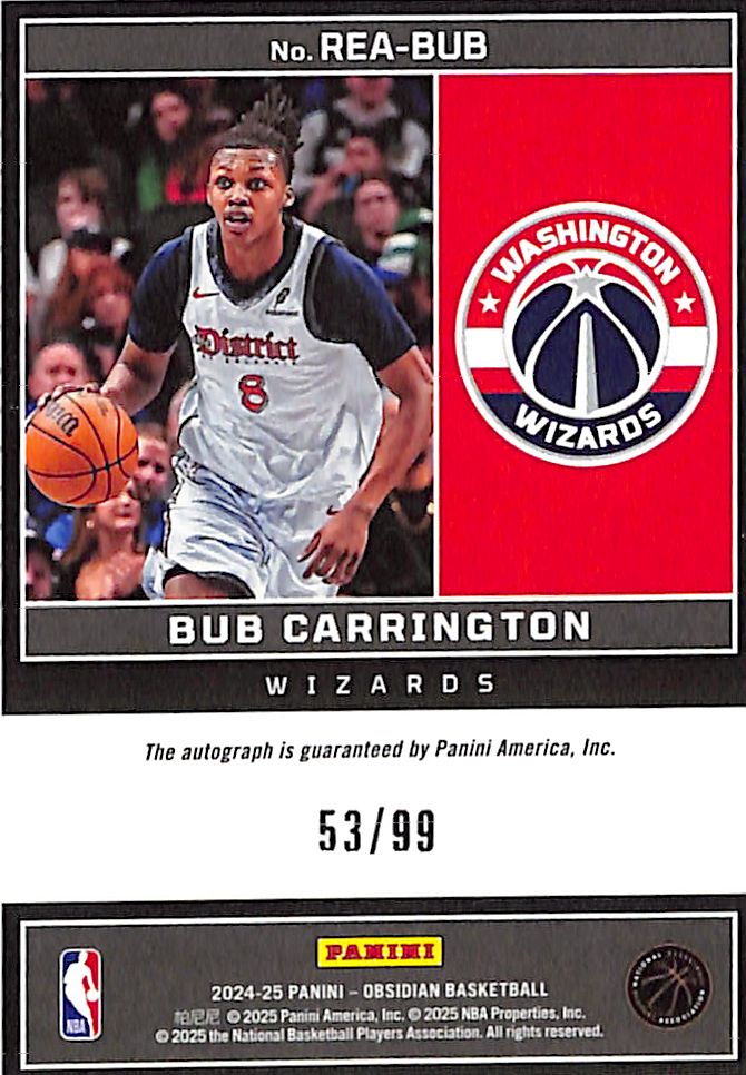 2024-25 Obsidian Bub Carrington Auto Autograph Rookie RC Eruption Orange /99 Wizards