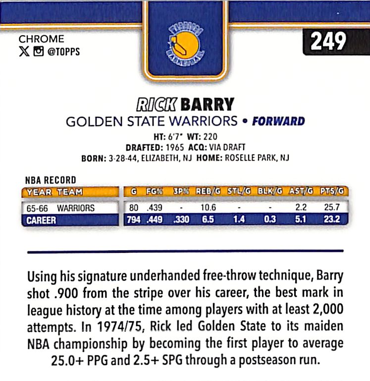 2025-26 Topps Chrome Rick Barry Black Refractor /10 Warriors