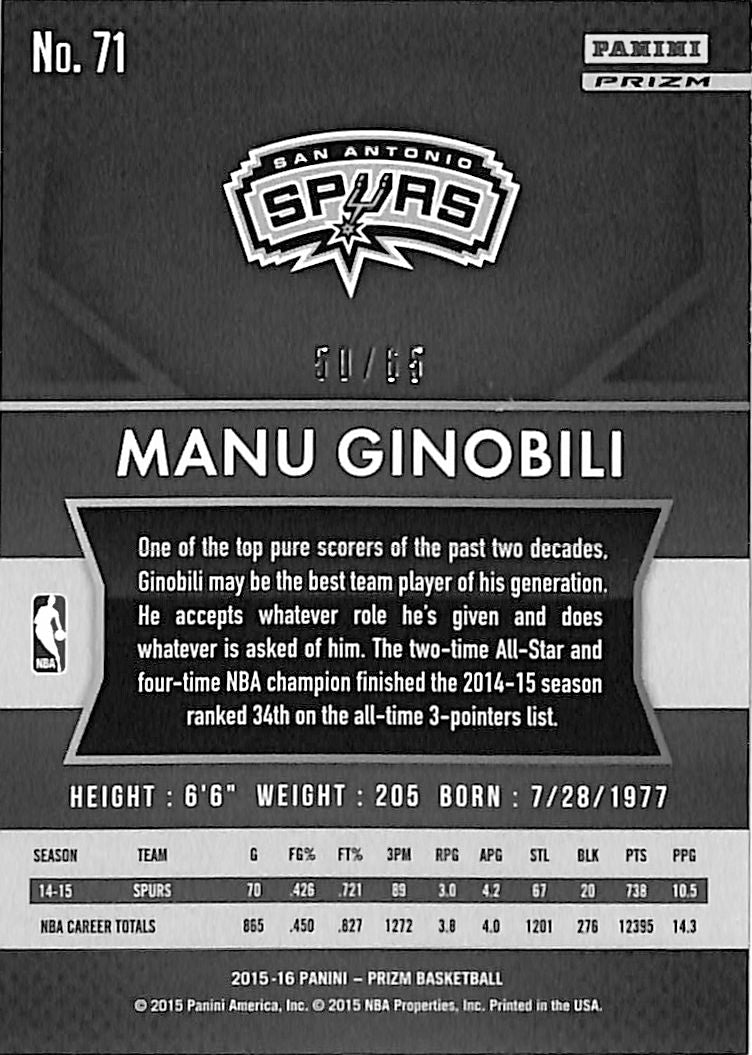 2015-16 Prizm Manu Ginobili Orange /65 Spurs