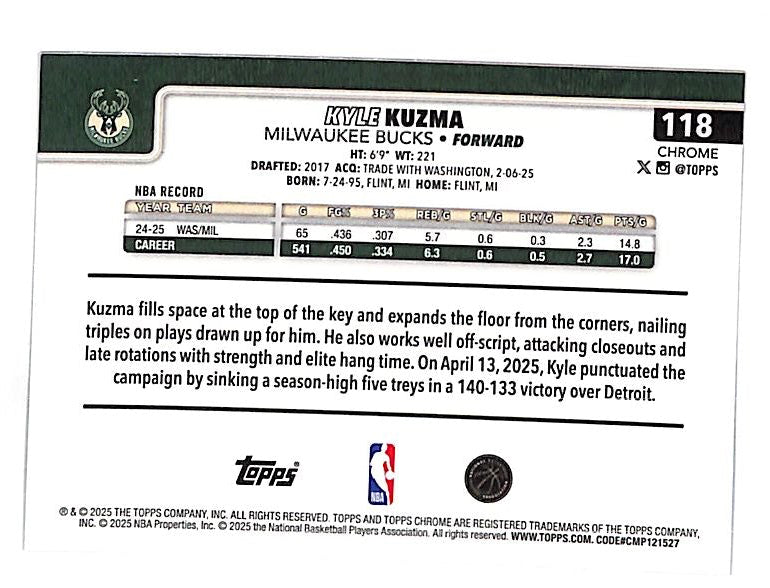 2025-26 Topps Chrome Kyle Kuzma Black Geometric Refractor /10 Bucks