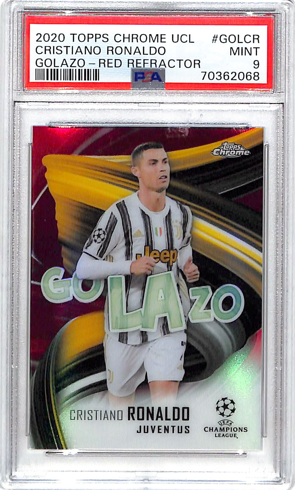 2020-21 Topps Chrome UEFA Cristiano Ronaldo Golazo Red Refractor /10 PSA 9