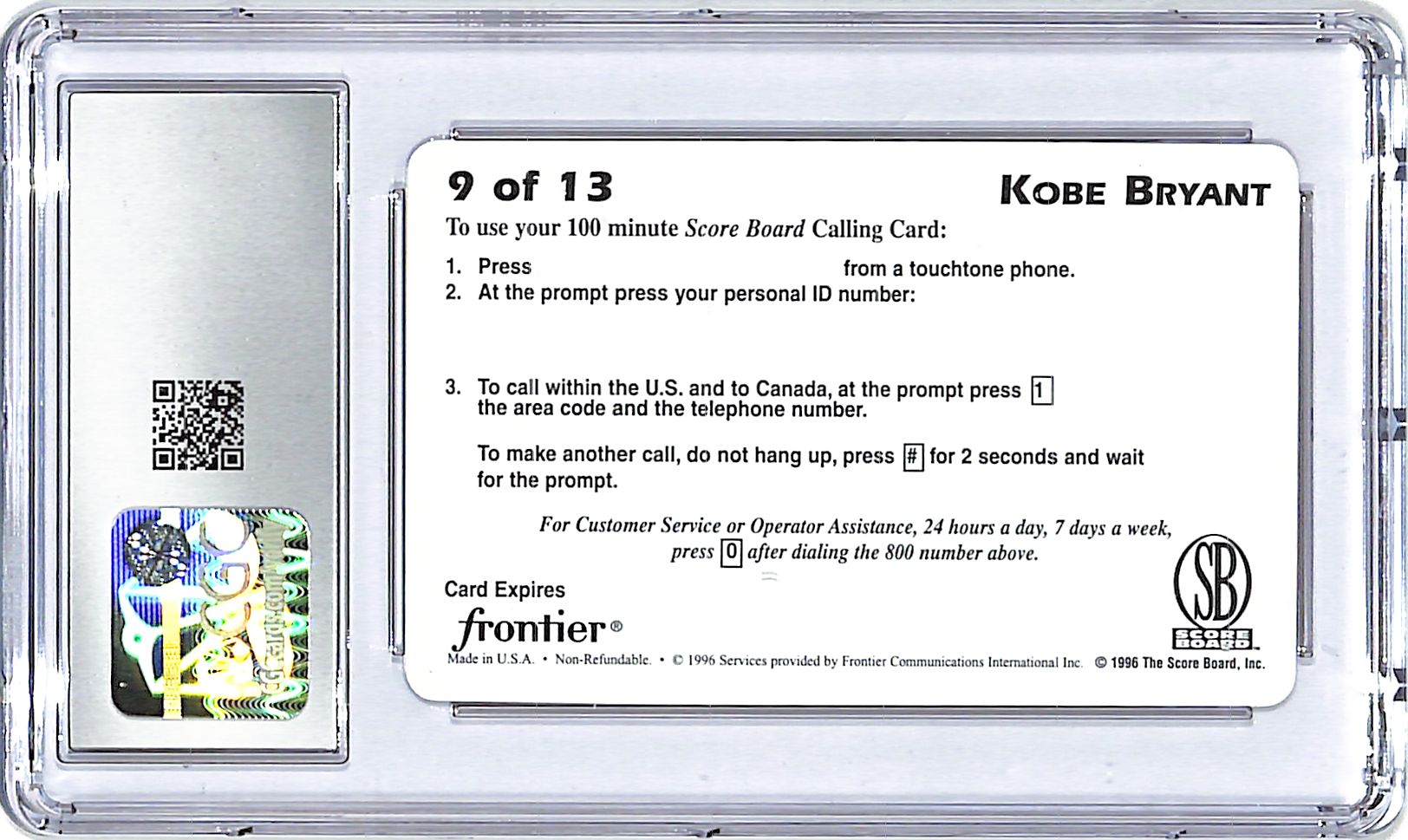 1996 Score Board Phone Cards Kobe Bryant Rookie RC 100 #9 CGC 10 Lakers